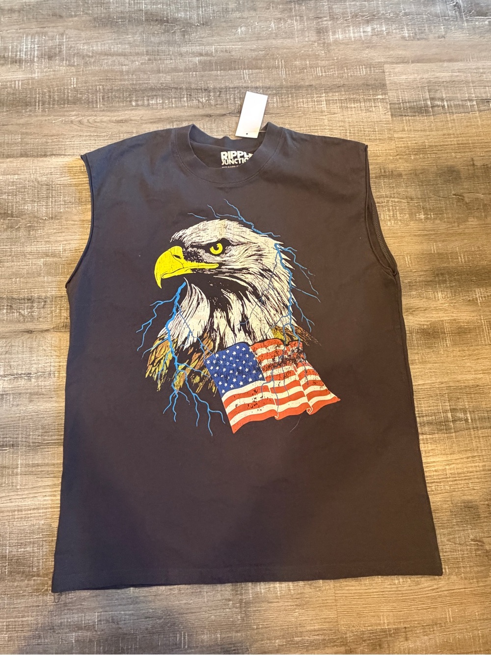 Ripple Junction Black Eagle Graphic Sleeveless Tee with American Flag